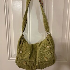 Olive Green Corduroy Crossbody Bag with Floral Button Accents